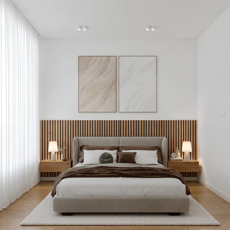 Calm modern bedroom with wooden headboard, bedside lamps and soft natural light